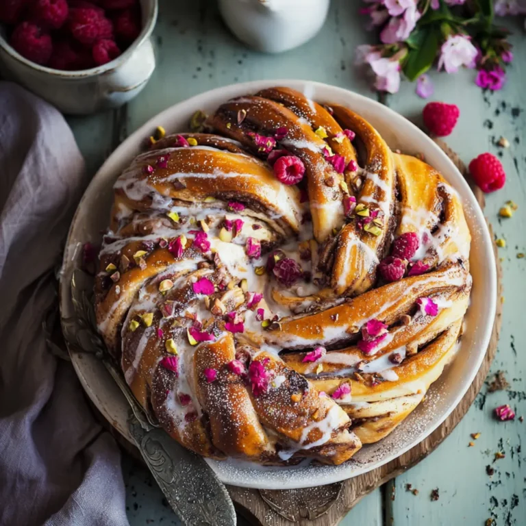 Gefüllter Hefekranz mit Himbeeren und Pistazien