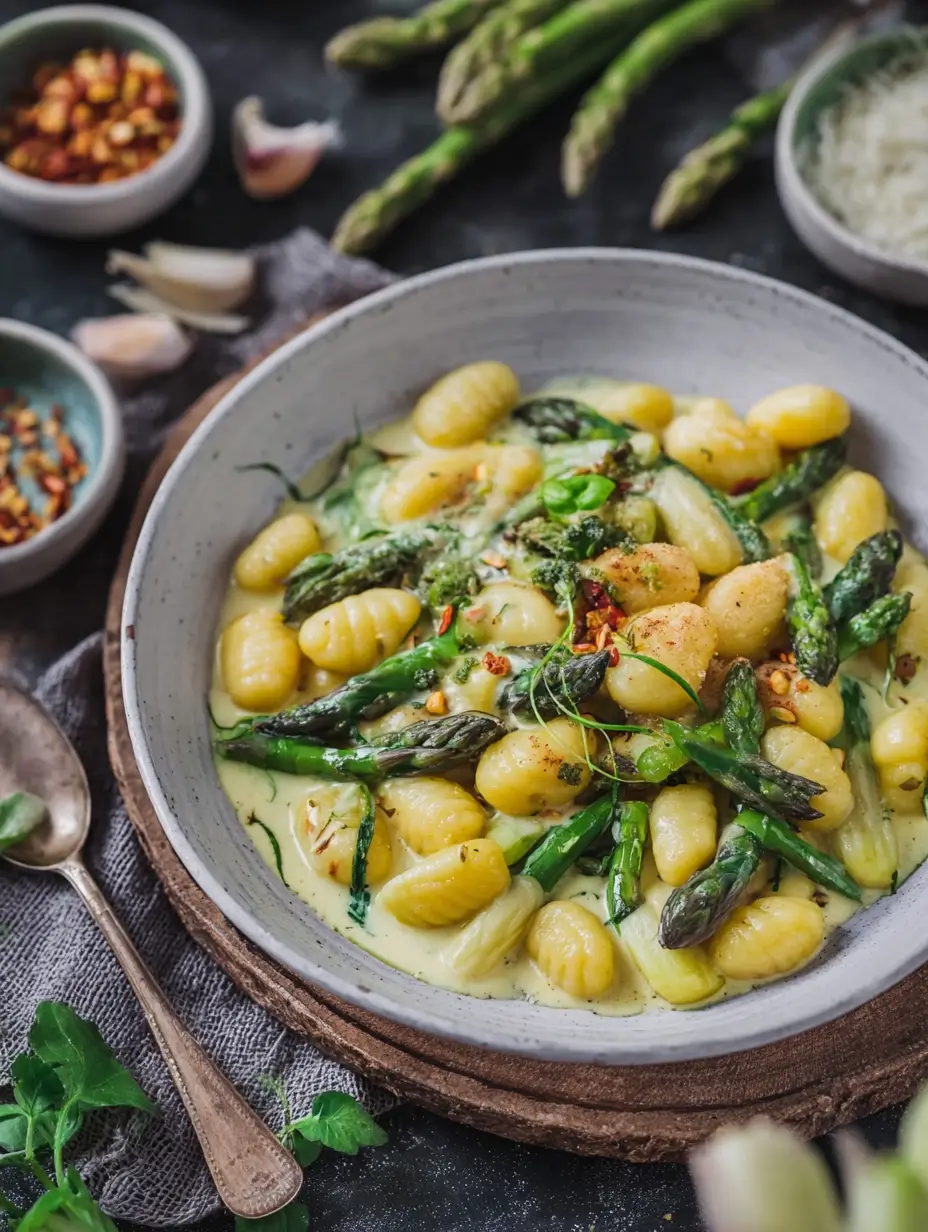 Grüner Spargel in cremiger Rahmsauce mit Gnocchi