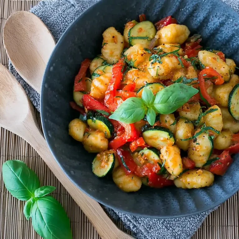 Lauwarmer Gnocchi Salat mit Paprika und Zucchini