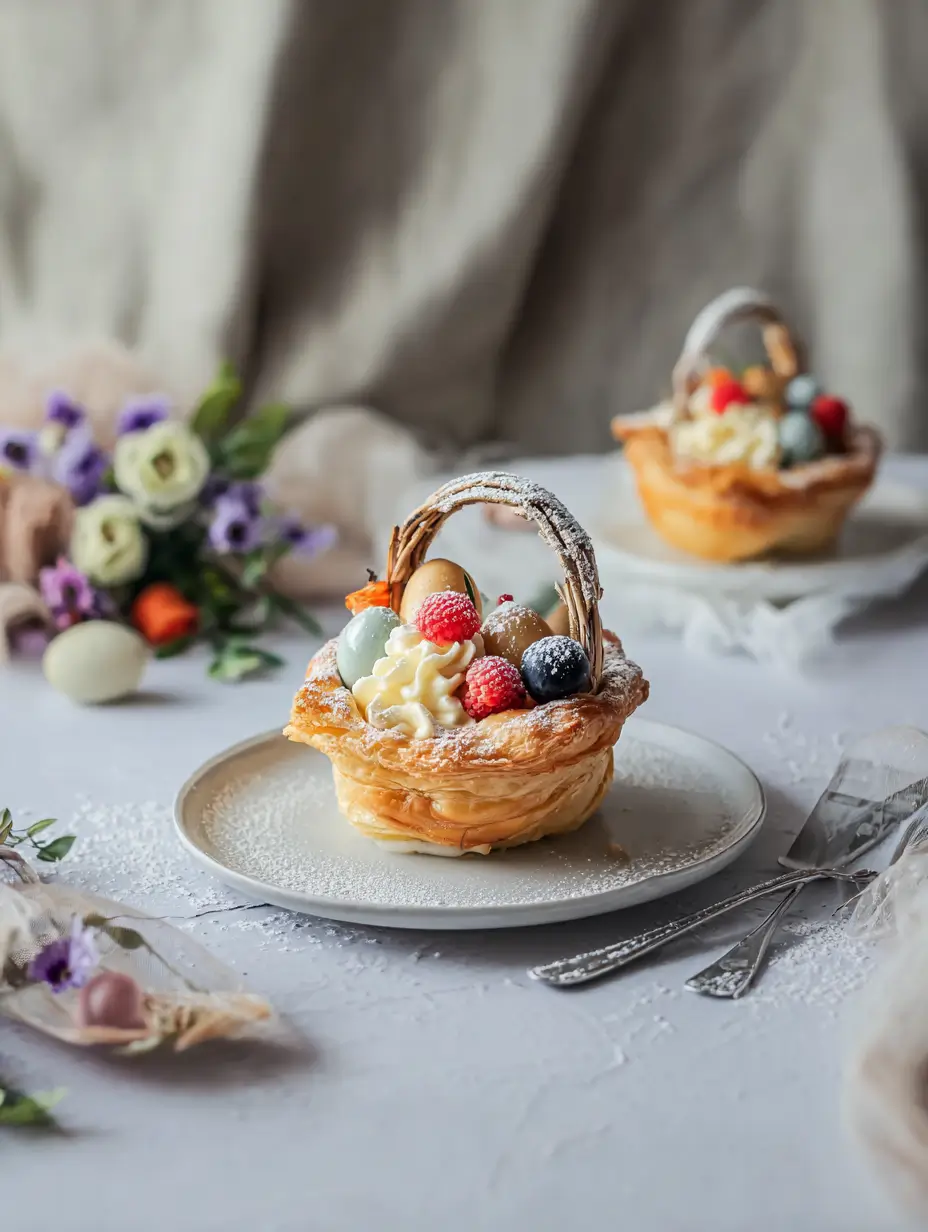 Osterkörbchen aus Blätterteig mit Vanillecreme