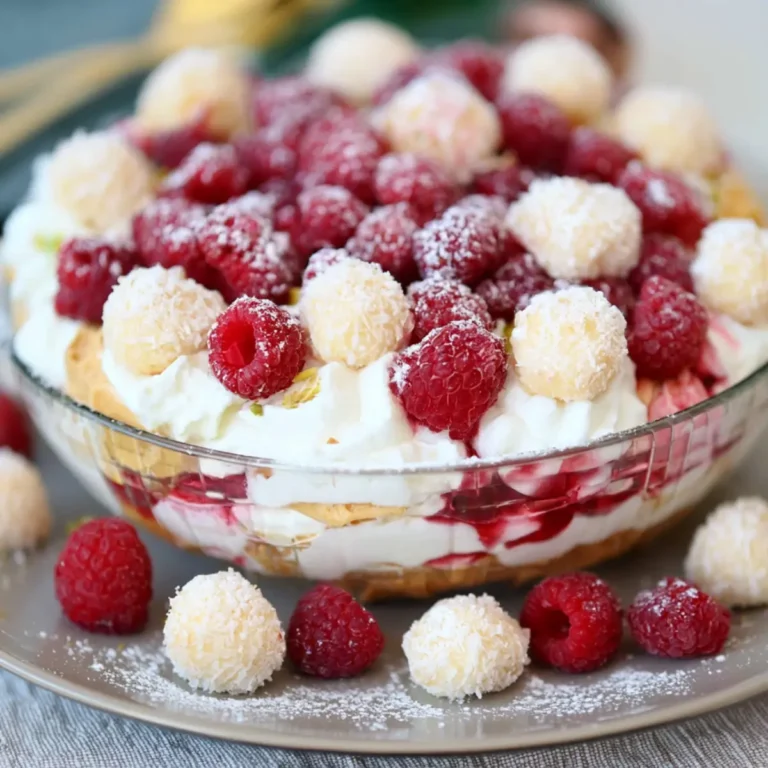 Windbeutel Dessert mit Raffaello, Himbeeren und Quarkcreme