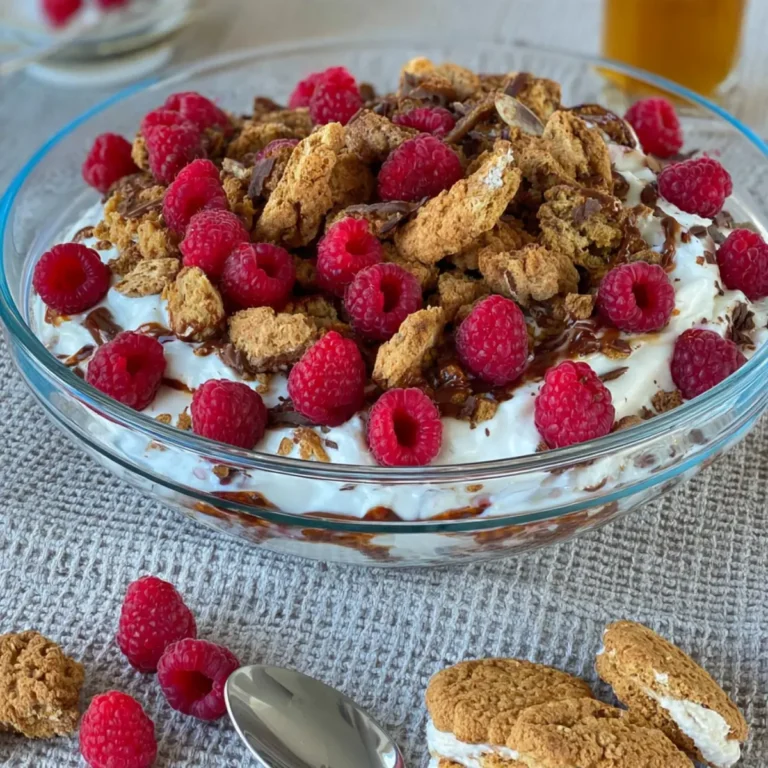 Dessert mit Himbeeren und Keksen