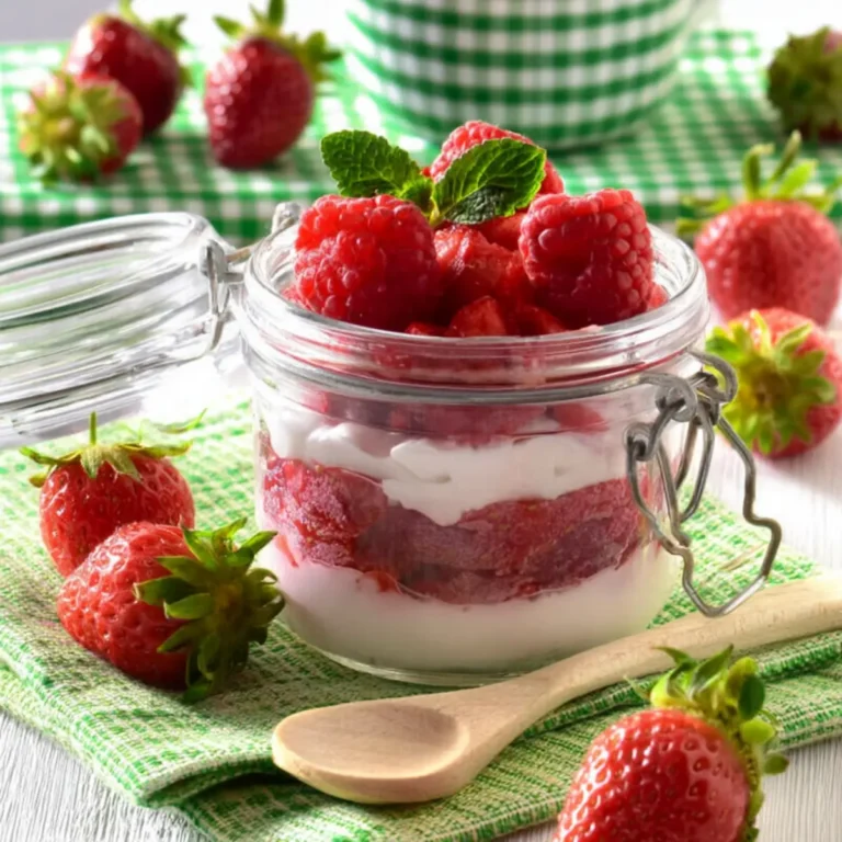 Erdbeerdessert mit Quark im Glas