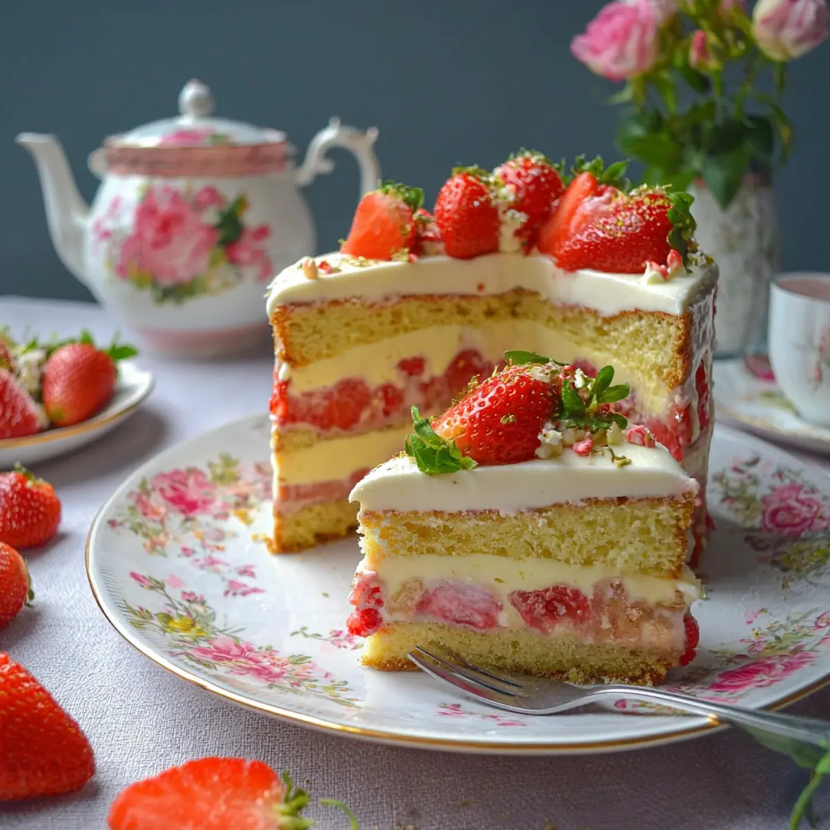 Erdbeerkuchen mit Pudding Creme und Biskuitboden