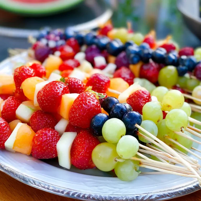Obstspieße mit Melone, Erdbeeren, Trauben und Blaubeeren
