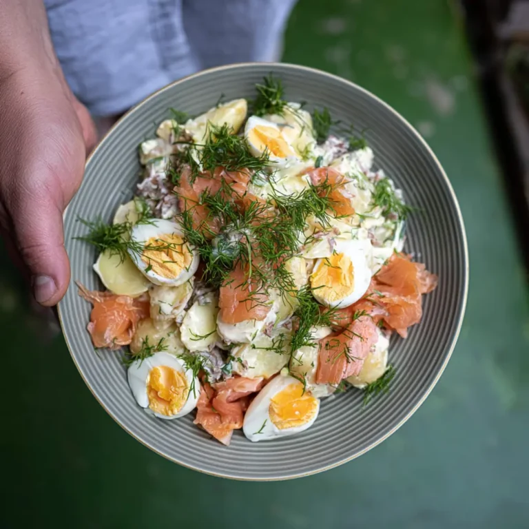 Schwedischer Kartoffelsalat mit saurer Gruke, Dill, Creme Fraiche Dressing, Ei und Räucherlachs