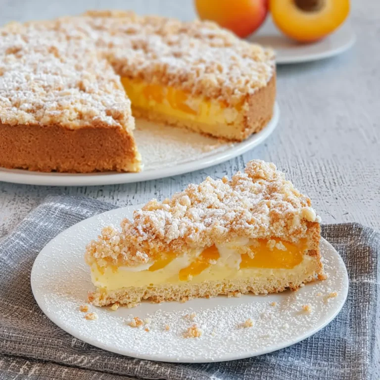 Aprikosenkuchen mit Pudding und Streusel