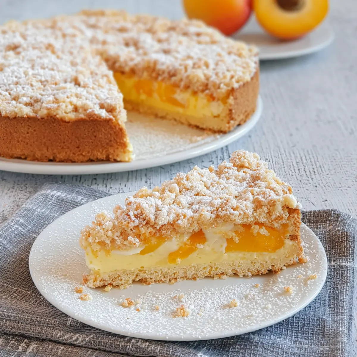 Aprikosenkuchen mit Pudding und Streusel