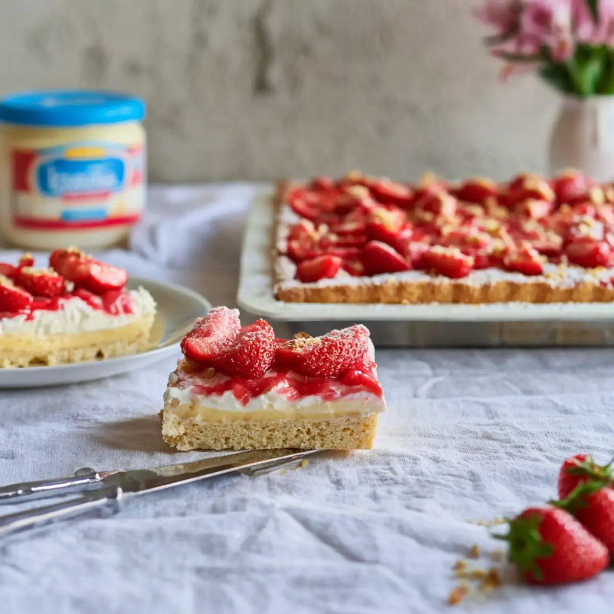 Erdbeerkuchen vom Blech mit Vanillepudding