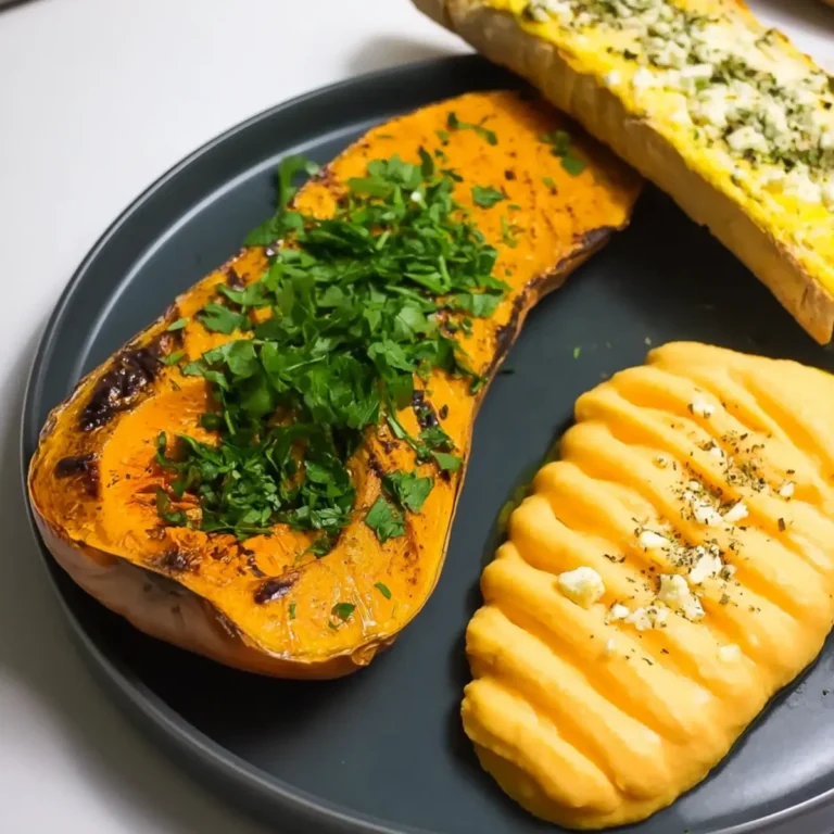 Gebackener Butternut-Kürbis auf Curry-Feta-Honig-Creme und Knoblauchbrot