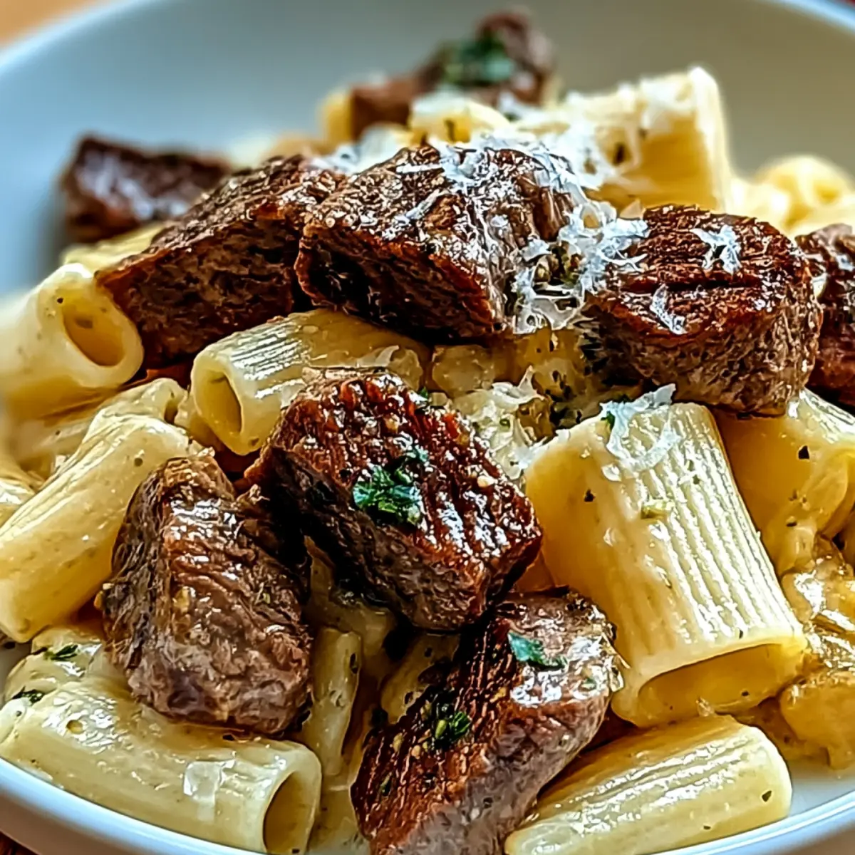 Knoblauchbuttersteak mit cremigen Rigatoni