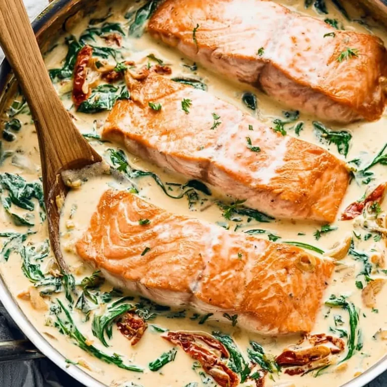 Lachs in cremiger Sahnesauce mit Spinat, getrockneten Tomaten und Knoblauch