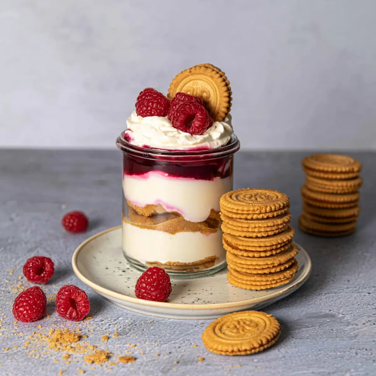 Lotus Dessert im Glas mit Himbeeren