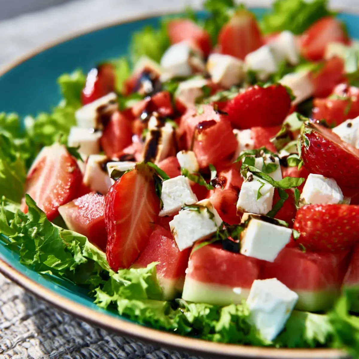 Melonen Feta Salat mit Erdbeeren, Blattsalat und Balsamico