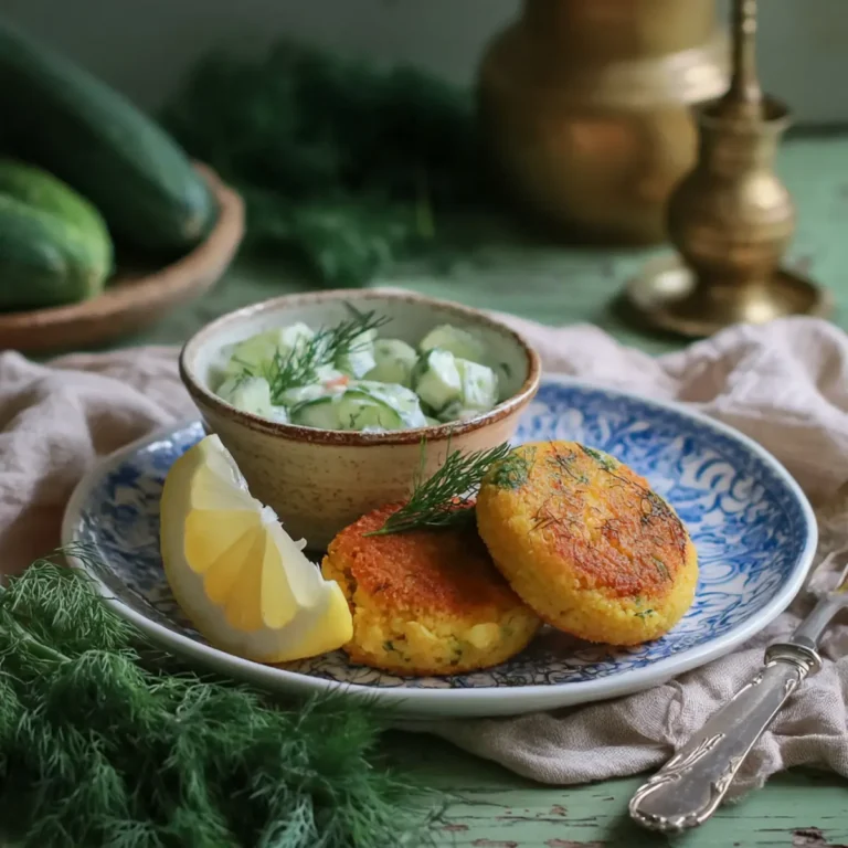 Vegane Kartoffel Couscous Taler mit Gurkensalat & Dill