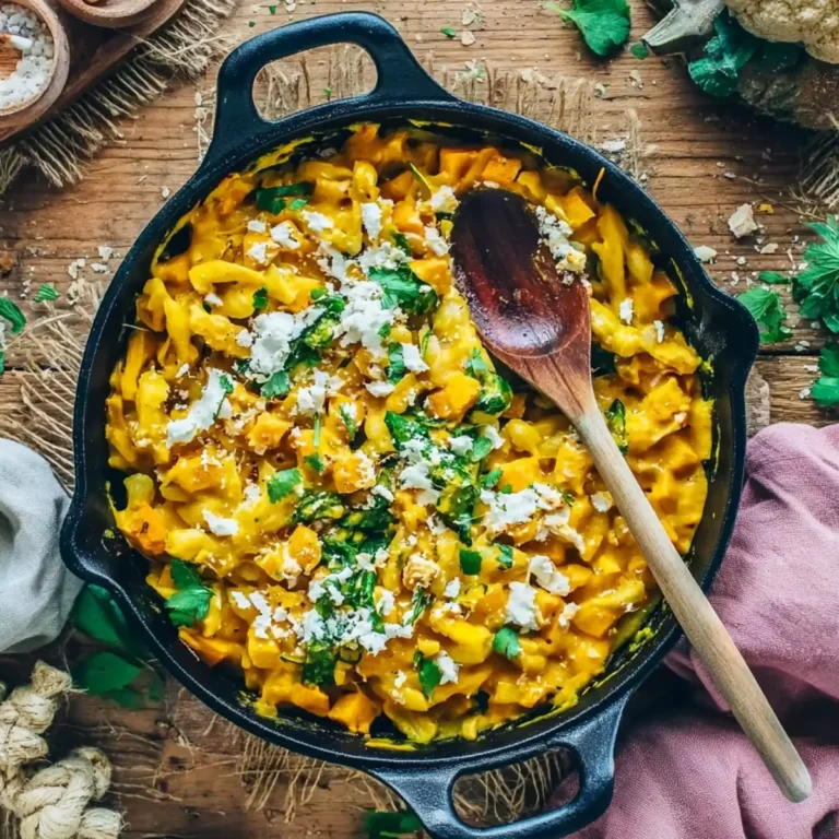 Veganer Kürbis-Nudelauflauf mit Spinat