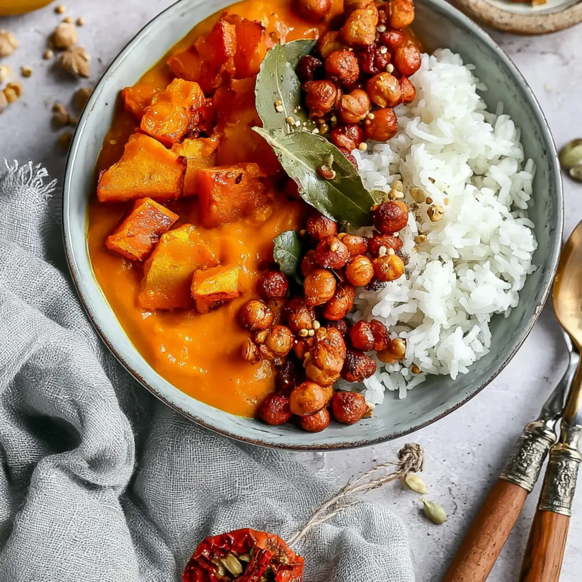 Veganes Kürbis Curry mit geröstetem Kürbis und knusprigen Kichererbsen