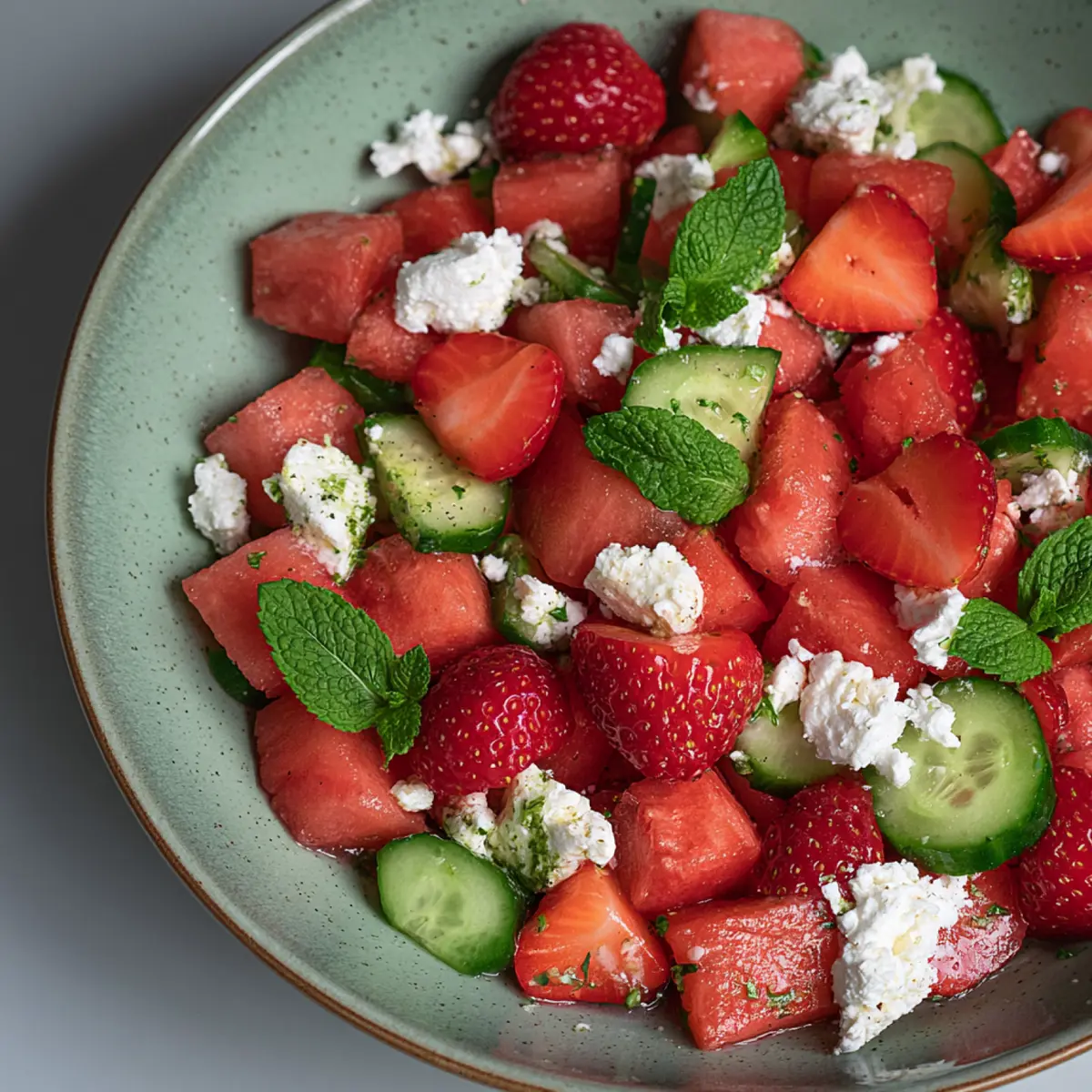 Wassermelonen Gurken Salat mit Erdbeeren und Feta