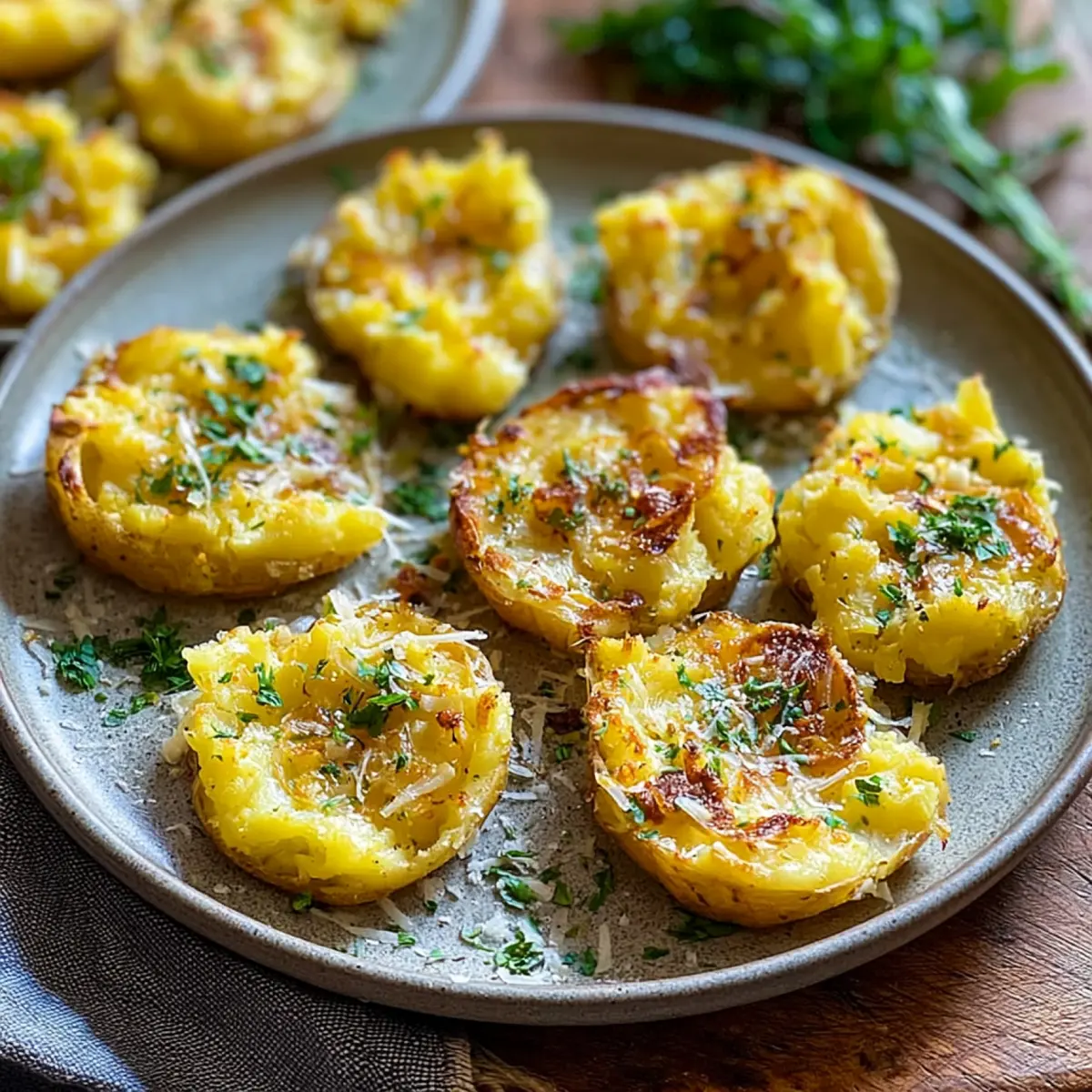 Zerdrückte Ofenkartoffeln mit Knoblauch und Parmesan