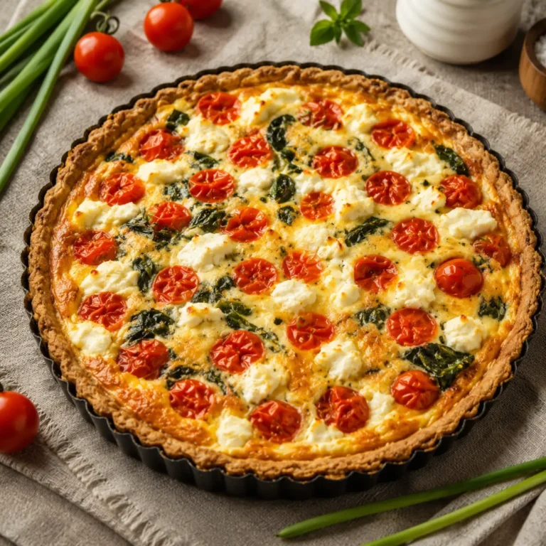 Quiche mit Tomaten, Feta, Basilikum und Spinat